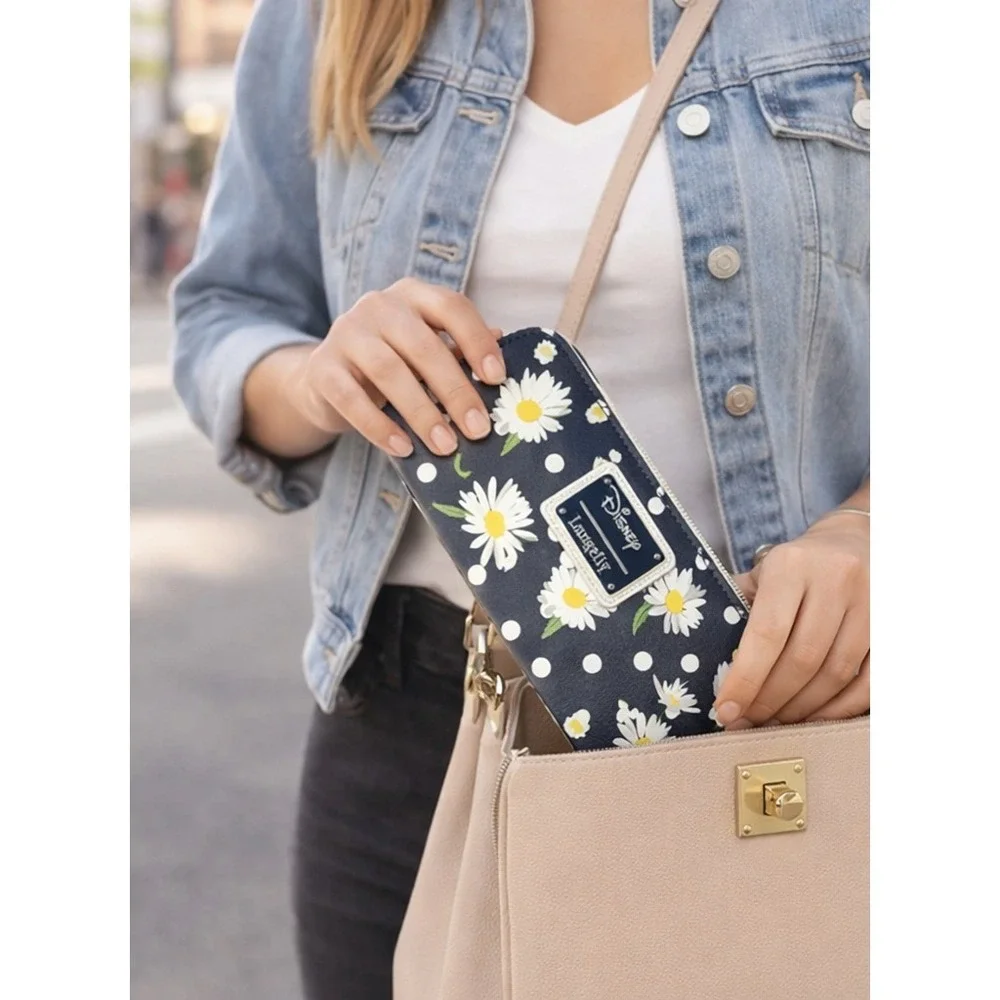 DISNEY LOUNGEFLY Daisy Floral Polka Dot Bow Zip Around Wallet - Picture 3 of 6